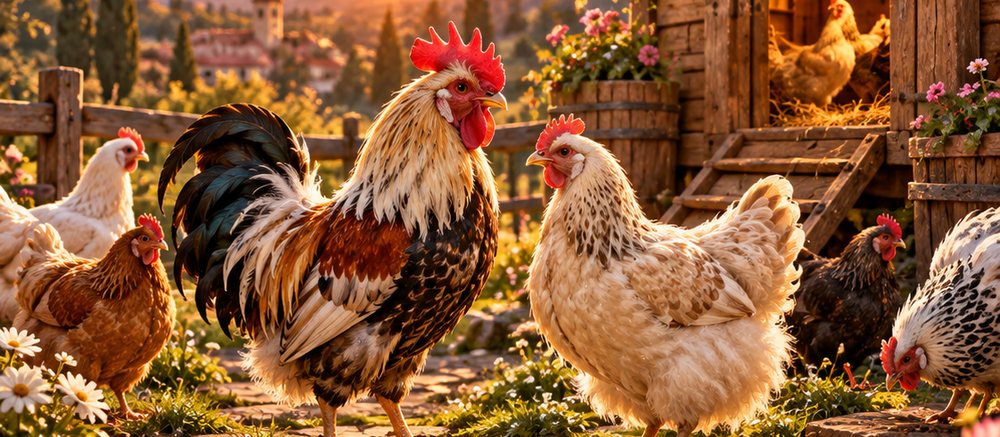 Gün batımında çiftlik, horoz ve tavuklar